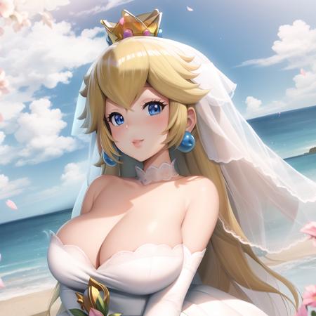 <lora:PrincessPeach1:1>, masterpiece, best quality, outside, blue sky,  clouds, perfect anatomy, 1girl, solo, looking at viewer,  smile, blue eyes, blonde hair, gloves, dress, bare shoulders, jewelry, earrings, elbow gloves, white dress, makeup, tiara, aged down, crown, veil, strapless dress, wedding dress, bridal veil, princess peach, detailed background, pink lipstick, parted lips, puckered lips, large breasts,