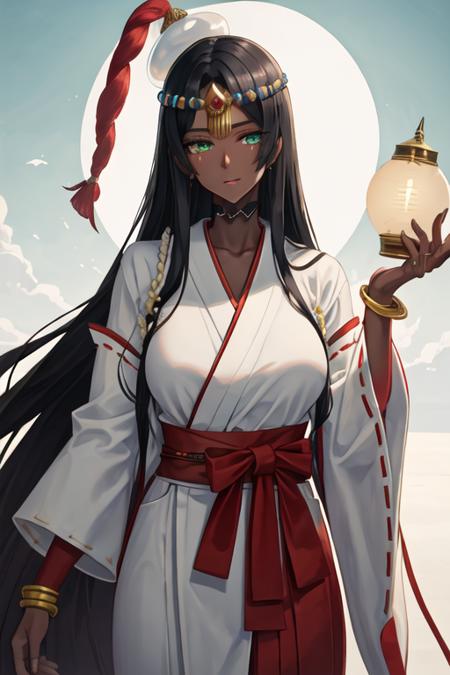 best quality, masterpiece, highres, solo, {white kimono:1.35}, {red hakama:1.35}, {wide sleeves:1.20}, {scheherazade_fgo:1.15}, long_hair, black_hair, dark-skinned_female, dark_skin, green_eyes, circlet, breasts, forehead_jewel, jewelry, large_breasts, hat