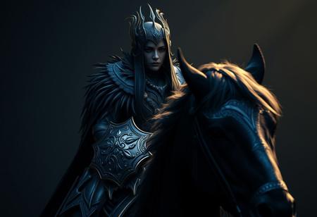 A close-up of a person on a horse, necromancer sorceress, lord of change, gradient shading, with a black and blue scheme. Consider a feathered mouse cavalry, heroengine, dark enclosed environment. The scene features a dark artslab coat, metallic shield, and the Amber Pitfall. Create a digital art piece using the Unreal Engine. Apply a cinematic lighting, with the heroengine. Use a face enhance, and a golden ratio for composition. Ensure the image has a resolution of H 704.