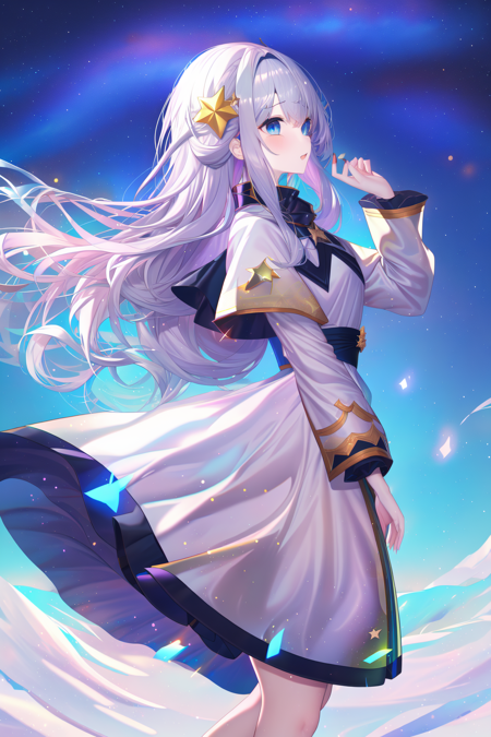 anime, 1girl, long hair, from side, white hair, star, solo, starry sky, profile, dress, starry sky, sky, long sleeves, star hair ornament, hand up, blue eyes, arm up, standing, looking up, floating hair, white dress, capelet, wavy hair, wide sleeves, glowing, feet out of frame, night sky, hair ornament