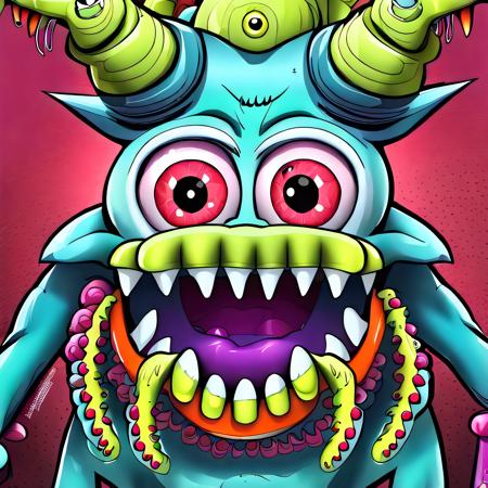 A cartoon monster, lots of fangs, derpy eyes, colorful, tentacles, horns, hd, best quality, 16k