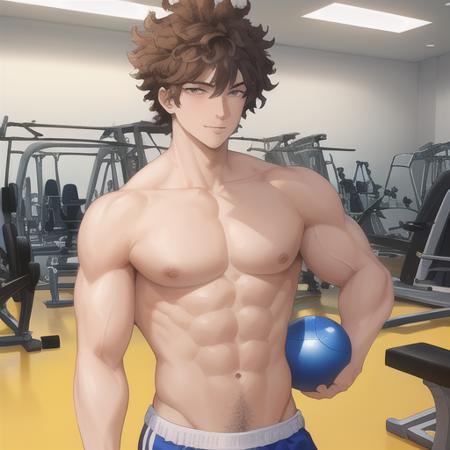 masterpiece, best quality, 1boy, in land, natural hair, masculine, muscles, inside gym, weight lifting