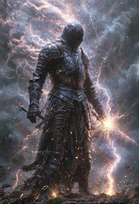 A man wearing medieval armor.,He uses magic to give his sword thunder magic,There are some small thunder and lightning in the surrounding air and distorts part of the picture,<lora:çº¿ç¨¿å¤§å¸å å¼ºç_v1.0:0.5>,<lora:é·åç´ -ç¹æ [SDXLç½æ£±Lora]_v1.0:0.7>,<lora:Soul_Knight_SDXL_-_By_HailoKnight:0.6>,<lora:ç«åç´ -ç¹æ [SDXLç½æ£±Lora]_v1.0:0.8>,<lora:XL_Weapon_Dual_Swords_-_By_HailoKnight:0.4>,