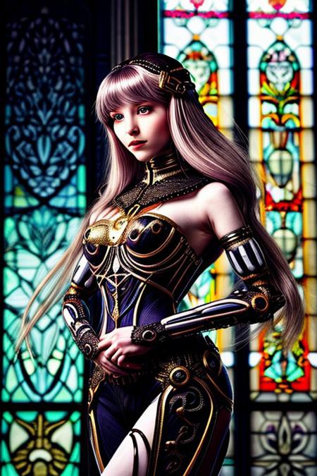 A humanoid AI represented in Art Nouveau style, with intricate, flowing lines and decorative patterns. She has a serene expression, her hair a cascade of metallic threads intertwined with floral motifs. Her body is partly robotic, with gold and pearl accents, seamlessly blending with organic forms. The background is a stained-glass-style design, featuring celestial and floral imagery. Art style: detailed, ornamental, and vintage-inspired."