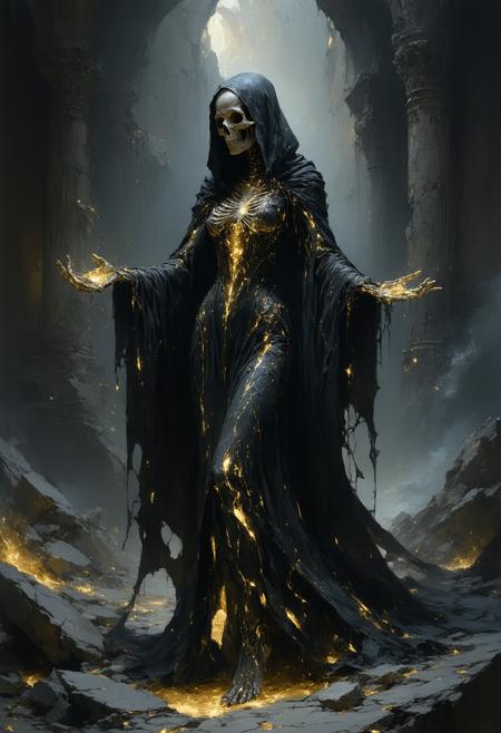An alluring necromancer commands a soul-rending ritual in a cathedral of shattered obsidian, low-angle perspective amplifying her towering presence amid floating bone shards. Gold-and-black Art Nouveau filigree robes cling to her form, skin etched with luminous, vein-like cracks pulsing necrotic energy. Influenced by Brom’s dark fantasy dynamism and Klimt’s gilded opulence: spectral amber backlighting carves jagged shadows. Swirling void-smoke merges with glowing crimson runes above her palms. Molten gold bleeds into cracks beneath her feet; a skeletal hand offers a wilted rose at her boots. Tarnished silver embroidery, iridescent ectoplasmic mist, crackling marble skin. Chiaroscuro intensifies opulent decay.