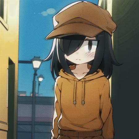 (masterpiece, best quality), 1girl, solo, tomoko-kuroki, (uchi-emoji-face:1.1), black hooded pullover, red cap, brown shorts, (crowded street background), looking at viewer, american shot,  <lora:uchi-emiri-10-v2:0.8>, <lora:tomoko-kuroki-v2-2:0.9>