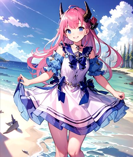 masterpiece,best quality, <lyco:C&R:0.8>,(lightful color),pink hair,(high light in eyes),one girl,young,(thin),solo,Rosa,blue eyes,skirt,horn,smile,sea,blue sky