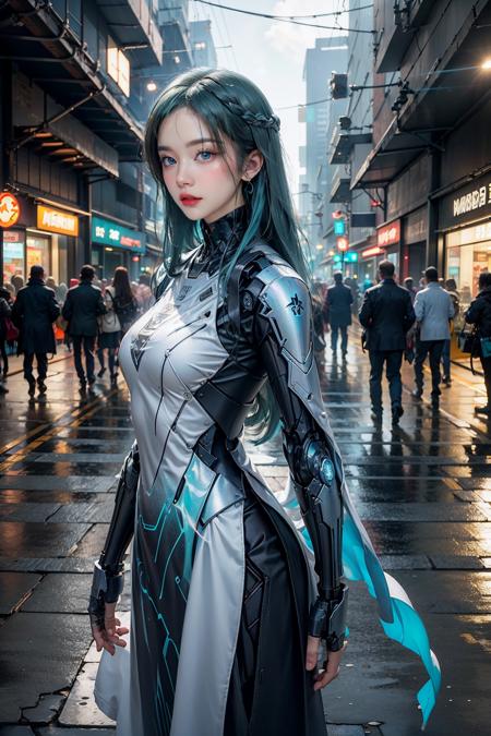 official art, unity 8k wallpaper, (ultra detailed), beautiful and aesthetic, beautiful, masterpiece, best quality, (cowboy shot:1.4), upper body, full body, 
(1girl:1.3), (long hair, aqua hair:1.4), mature female, cyberpunk, mecha, sexy, iridescent eyes, starry sky, walking, futubot, futureaodai, (street:1.3), neon light, (white clothes:1.3), (wind blowing:1.3), 
<lora:futureaodai-000010:0.75:MIDD><lora:Futuristicbotv.2:0.5>