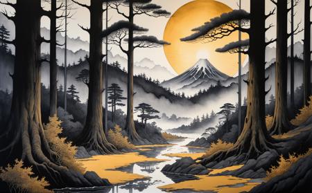 Japanese Ink Drawing, Dark Fantasy Art, DMT Art Style, A captivating scene unfolds where a formidable creature, embodying the essence of both a warrior and a subtle, festive spirit, looms. This being, whose very aura resonates with the hues of sun-kissed gold, stands poised in an elusive forest. Its appearance is an intricate blend of fearsome strength and a strangely inviting charm. Adorned with nature's own ornaments that hint at a seasonal, celebratory theme, it exudes an enigmatic mix of menace and mystery. The setting sun casts a golden glow, accentuating its formidable silhouette against the dense, whispering woods., bright colors, surreal visuals, swirling patterns, DMT art style, dark, moody, dark fantasy style, ink drawing, inkwash, Japanese Ink Drawing