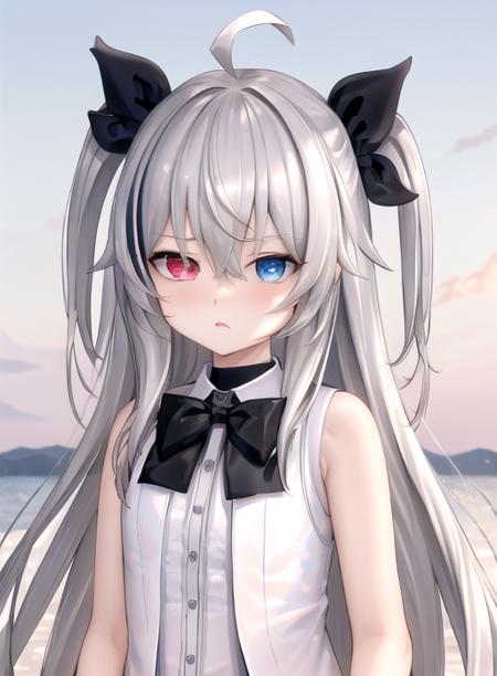 Nisha Nixyeva, 1girl, solo, long hair, oo bangs, blue eyes,red eyes,  grey hair, heterochromia, streaked hair, bow, ribbon, hair ribbon,two side up, hair between eyes, very long hair, ahoge,