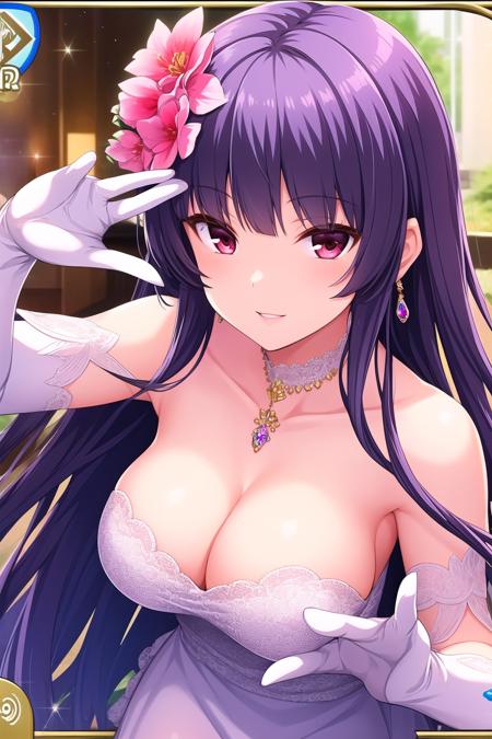 (masterpiece, best quality), highly detailed background, perfect lightingbest quality, kagurazakasaya, solo, purple hair, hair flower, bangs, very long hair, red eyes, jewelry, breasts, sleeveless dress, bare shoulders, white dress, cleavage, white gloves, smile, closed mouth, parted lips, pink lips, <lora:Kagurazaka-Saya:0.7>