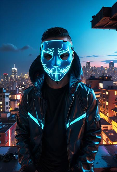 score_9, score_8_up, score_7_up, score_6_up, score_5_up, score_4_up, (absurdres, best quality, masterpiece:1.4), illustration, photorealistic, cinematic lighting, dynamic angle, perfect composition, mask, neon mask, urban rooftop, night cityscape, neon lights, dark clothing, techwear, electric blue glow, tense atmosphere, digital screen face, sleek