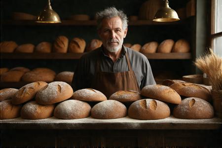 Slightly low-angle medium shot inside Grumble's Grains bakery. A formidable, flour-dusted proprietor with sharp grey eyes stands behind a sturdy oak counter piled with dense oatcakes and rustic dark rye loaves. Style: Vermeer's intimate light rendering Millet's grounded realism. Single-source illumination casts deep, velvety shadows, sculpting form across a warm ochre, burnt sienna, deep umber palette. Textures tangible: rough-hewn wood, powdery flour, craggy crusts, weathered skin. Atmosphere of grounded competence, no-nonsense warmth. Visible flour motes dance in the light beam. Gleaming brass scale weight provides a focal point.