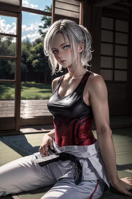 lidia sobieska, 1girl, scar across eye, red tank top, black belt, white hair, white pants, blue eyes, sitting, solo, looking at viewer, potrait, indoor, tatami, sliding doors, shouji, sunbeam, (masterpiece:1.2, best quality)