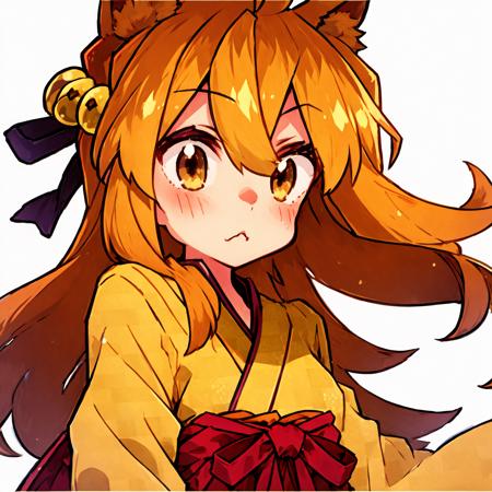 Masterpiece, best quality, perfect lighting, 1girl, solo, suzu, fox ears, fox tail, brown eyes, orange hair, yellow miko kimono, bell hair ornament, upper body pov, mouth closed, medium hair, ahoge, hair between eyes, <lora:Suzu:1>