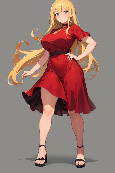 (best quality, masterpiece1.2), 1girl, looking at viewer, full body, standing, curvy, red dress, blonde, sandal, simple background, <lora:Squeezer:0>