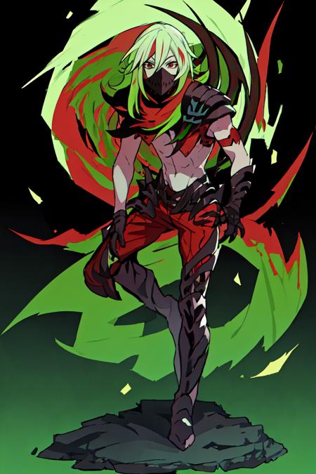 (masterpiece, top quality, best quality, beautiful, and aesthetic:1.2) full body shot, vo1k, 1boy, posing, male, looking at viewer, mask, red eyes, green hair, multicolored hair, <lora:vo1k-000009:.9>