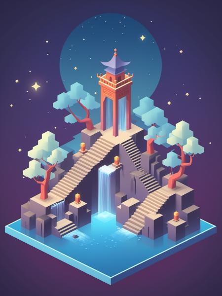 video game monument valley style, Ancient Chinese Architecture, stairs, water, cloud, trees, waterfall, gradient background, Night, starry sky, <lora:Monument Valley style:0.7>