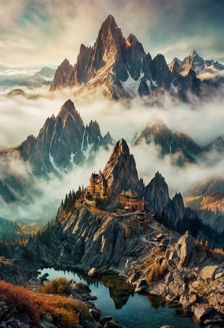 their peaks veiled in mist. mixed media, surrealism, great lighting, A surreal landscape highly detailed . extremely high-resolution details,  appears trapped in an optical illusion of reflections and refractions colorful , professional photography, natural lighting, volumetric lighting maximalist. intricately detailed, complex, elegant, expansive, fantastical, film photography style,  medium grain