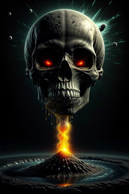 A close-up photorealistic image of a crystal-like floating skull facing dynamic view with its mouth open, pouring from it's mouth a shimmering liquid resembling the universe onto the ground, filled with rich stars and swirling galaxies. A simple void background enhances the dark atmosphere, shrouded in fog, capturing the hypnotic flow and shimmer of the cosmic liquid, evil demon, lucifer,
