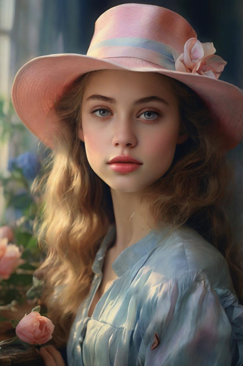 Photobashing style watercolor portrait of a girl wearing a hat, by David Nordahl and Peter Paul Rubens, realistic yet dreamy, intricate details, soft pastel colors, studio lighting.