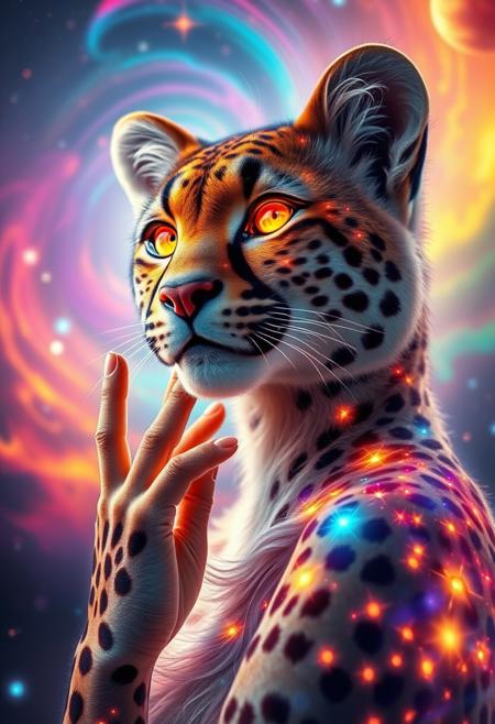 a close-up shot of an ethereal star anthropomorphic cheetah woman with eyes body and face glowing like galaxies, surrounded by swirling, vibrant cosmic rainbow colors, vibrant star planet,  ultra-detailed and photorealistic rendering, soft ambient lighting, starry nebulae in the background, dynamic and radiant color gradients, glowing reflections, cinematic composition, surreal and otherworldly atmosphere, intricate facial features, flowing hair infused with cosmic energy, soft detailed fur, luminous and ethereal, celestial radiance, soft yet detailed textures, otherworldly beauty, joyful expression on her face
looking up, fingers to cheeks, highly detailed hair and fur