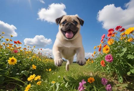 Highly detailed photograph of a pug puppy leaping through the air above a field of colorful flowers. Side view. Floppy ears, floppy tongue, big eyes, very cute, very happy, joyful. Blue sky with fluffy clouds. Bright sun, (god rays).