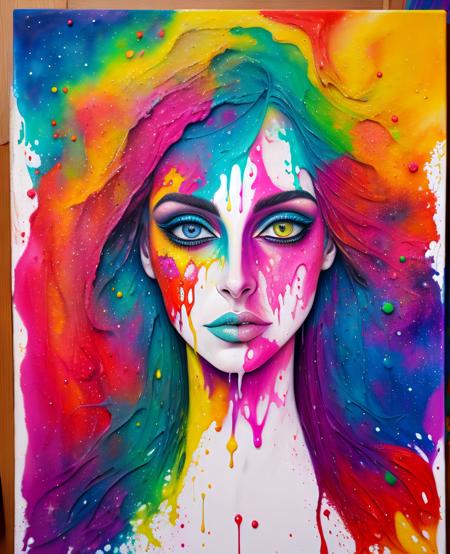 a mixed media abstract artwork of a strange woman with striking eyes and long hair, highly detailed eyes,medium breast,(fine art), (splashes and splatters of paint in nebula colors on the canvas 1.2),[thick, wet,shiny dripping paint], ink, pencil shading, award winning, (perfect composition),(nebula:0.5),(galaxy:0.5)