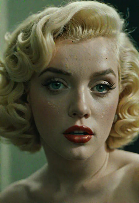 cinematic film still by Carpenter of young Marilyn Monroe, innocent, naive, looking away, cornea reflections, detailed skin texture, subsurface scattering, transluscent skin, skin bump, skin pores, goose bump, skin fuzz, peach skin, vellus hair, indoors, depth of field, dramatic backlighting