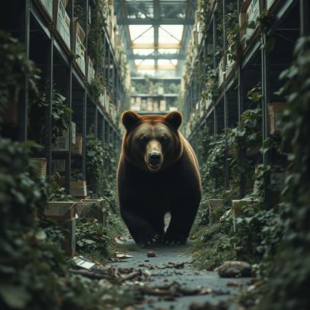 A grizzly bear is lost in endless SCP IKEA that's been invaded by nature and overgrown., liminal space, eerie, dramatic, high contrast, highly detailed, cinematic color grading.