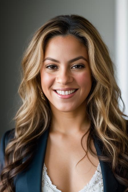 <lora:sh4k1r4:0.9>, a Realistic portrait of sh4k1r4 woman, 1girl, solo, long hair, curly hair, looking at viewer, smile, makeup, blonde hair, brown eyes, teeth, grin, lips, portrait, realistic, professional Photography, Photorealistic, detailed eyes, RAW, analog, sharp focus, 8k, HD, DSLR, high quality, Fujifilm XT3, film grain, award winning, masterpiece