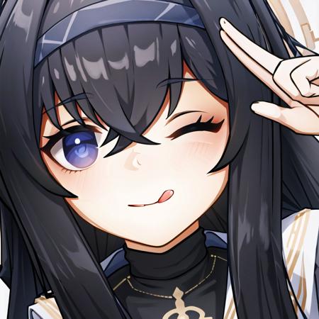 <lora:Genshin Icon:0.8>, genshin, looking at viewer, smile, simple background, one eye closed, tongue, tongue out, close-up, salute, two-finger salute, (masterpiece, best quality:1), 1girl, solo, bags under eyes, bangs, black hair, blue eyes, halo, blue hairband, brown cardigan, long hair, white serafuku, white skirt, <lora:KozekiUiBlueArchive_10:1>