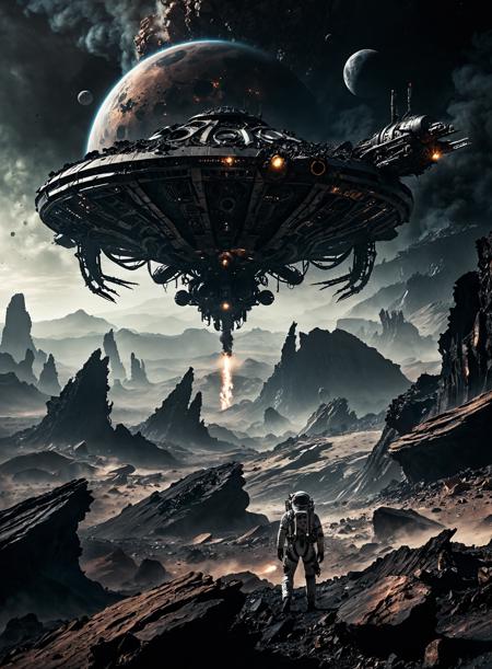 dark gloomy landscape of an uncharted desolate planet,biomechanical spaceship with tentacles looming above,scattered debris,black smoke,dramatic terrain,sharp pointy rocks,depressing,moon,distant planet in the sky,lonely astronaut,darkness,