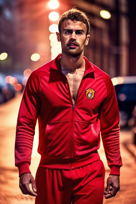 Gerard Piqu a man <lora:Theo-James_Gerard-Piqu:0.9>, realistic photo in a worn ((red tracksuit, massive hairy pecs)), ((light bokeh)), intricate, (steel metal [rust]), elegant, sharp focus, photo by greg rutkowski, soft lighting, vibrant colors, (masterpiece), ((streets)), (detailed face), looking at viewer, light smile, night, walking towards viewer, cinematic lighting, beautiful lighting, cinematic lighting, (hazy filter, film grain:1.2)