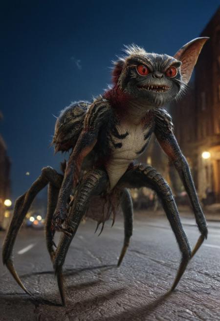 Xgremlinx,(xspiderx:1.8),middle body of spider, middle body gremlin, spider gremlin, amazing quality, masterpiece, best quality, hyper detailed, ultra detailed, UHD, perfect anatomy, portrait, hyper-realism, majestic, awesome, inspiring, - portrait in night city street ,  cinematic composition, soft shadows, national geographic style,