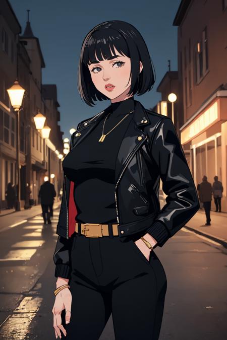 (masterpiece, best quality:1.2), <lora:invincible:.9>, invincible, 1girl, black hair, jewelry, short hair, bangs, solo, breasts, pants, looking at viewer, jacket, belt, black jacket, lamppost, outdoors, hand in pocket, black pants, open clothes, parted lips, leather, night, sweater, open jacket, long sleeves, black sweater, lips, cowboy shot, leather jacket, building