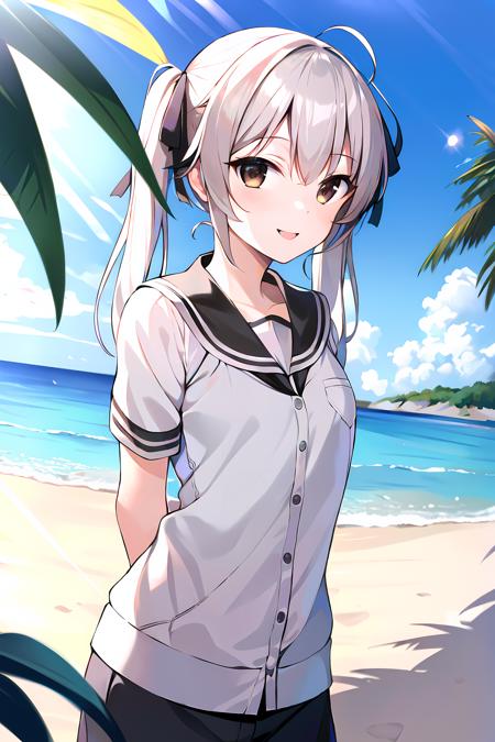 masterpiece, best quality, beach, kasugano sora, brown eyes, white hair, twintails, hair ribbon, happy, looking at viewer, arms behind back <lora:KasuganoSora_v3:0.7>