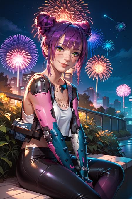 CyberRitaMoxBouncer, 1girl, purple hair, hair buns, tattoo