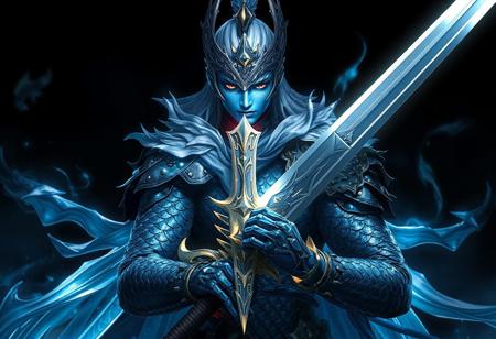 "Create a highly detailed, realistic portrait of a Black Luster Soldier - Envoy of the Beginning with a Divine Sword - Phoenix Blade, inspired by dark souls III and featured on AmiAmi. The character should exhibit a dynamic pose, with blue scales and platinum skin. The design should incorporate elements of video game character design and that of a blacksmith. Consider incorporating dark, mysterious, and cinematic elements, with a focus on sharp, defined features. The final piece should be trending and highly detailed, suitable for a concept art piece."