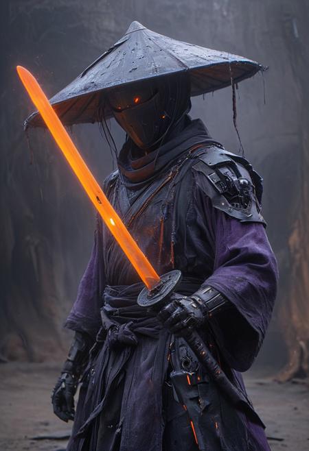 Create an enthralling, vibrant black-neon caption for a photo that embodies a futuristic Bedouin sorcerer in a dynamic combat stance, defying norms as they summon an eccentric robot 'freak' from an oversized, intricately designed hat. The scene is set against an ethereal, smoky backdrop. The sorcerer wields a translucent orange and purple katana, poised in a dramatic unsheathing motion, with intricate details on the scabbard. Capture the atmospheric haze, rich film grain, and cinematic depth, evoking a moody and epic feel. Emphasize the photorealistic details—skin textures, light reflections in the eyes, and the interplay of shadows. Aim for a visually stunning 2000s vintage RAW aesthetic that immerses the viewer in this magical, high-budget cinematic moment.