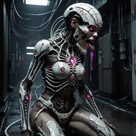 In a neon-drenched cyberpunk alley choked with mist and decay, a biomechanical enforcer emerges, an unholy fusion of flesh, metal, and parasitic design. Her digitigrade legs, armored in fused bone-steel plating, click against the slick pavement. Her abdomen is hollowed out, revealing a cradled, bio-engineered heart suspended by parasitic tendrils that pulse with a sickly bioluminescence. Medical restraints bind her twisted vertebrae in place, forcing a hunched, predatory stance. Visible musculature wraps around redundant joints, stitched and bruised, slick with dripping fluids. Her stitched mouth stretches beneath a fractured helmet made of interlocking, fang-like metal shards, some still oozing synthetic saliva.
Her head spills out writhing cables in place of hair, black and white cords alive with twitching energy. Bladed tentacles arc from her spine like scorpion limbs, tipped with dripping injectors and exposed wiring. Her LED eyes burn violet through the dark, flickering like warning signals. A bifurcated tongue flickers out briefly as she scans the shadows. The entire form is an exquisite horror, flesh-metal fusion animated by pain and purpose. Captured mid-motion, her body ripples with restrained violence, cables and limbs lashing out like a biomechanical storm