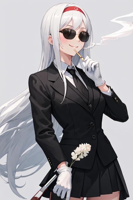 best quality, masterpiece, highres, solo, {black business suit:1.40}, {tie:1.20}, {sunglasses:1.25}, {white gloves:1.15}, {white shirt:1.10}, {black skirt:1.15}, {smoking:1.20}, handsome, {shoukaku_kantaicollection:1.15}, long_hair, hairband, white_hair, brown_eyes, smile, headband, blush, muneate