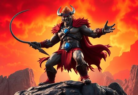 Masters of the Universe Ancient Warriors Beast Man, dynamic action pose, arms outstretched, wielding a whip, standing on a rocky outcropping against a fiery red sky. Vibrant red and orange attire with blue gem detail. Ultra detailed, cinematic, trending on Artstation, Octane Render, Unreal Engine 5, captivating lighting, impeccable composition, matte painting.