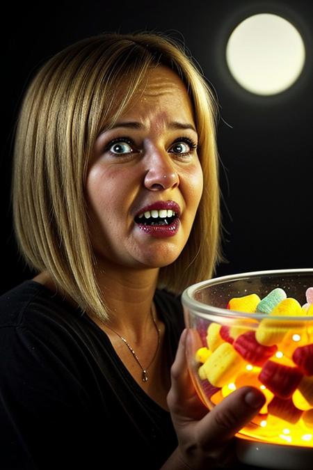 photorealistic photo of an American blonde woman causing a feeling of nauseating unease and eeriness. She is scared and offering candy from a  bowl containing all kinds of sweets, like chocolate bars. menacing, creepy, sharp_teeth, dark background. Staring into your soul with glowing eyes. 
charturnerv2, pureerosface_v1, scared expression,