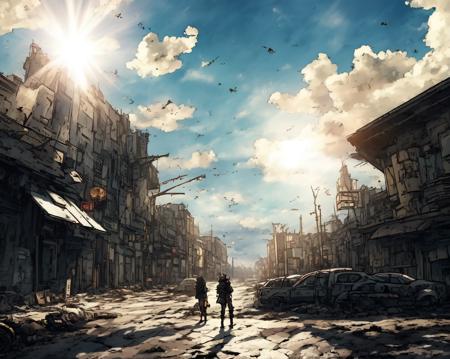 artbytokiame, post_apocalyptic, post apocalypse, (best quality, magical, masterpiece), perfect lighting, sunshine, sun rays, whimsical, trending on ArtStation, trending on pixiv, cgsociety, beautiful composition, symmetrical, [[anime]], ((pale colors, drab, sad, desolate)), man, scavenger, ((by yoji shinkawa))