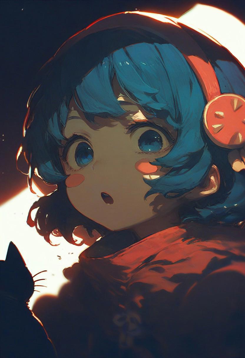 score_9, score_8_up, score_7_up, score_6_up,
dark theme, shadow, dim lighting, black theme, red light,1girl, solo, short hair, open mouth, blue eyes, hair ornament, blue hair, hairband, blush stickers, cat, food-themed hair ornament