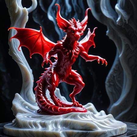 (masterpiece, best quality, very aesthetic, absurdres) A red imp, its body composed entirely of flowing, liquid marble, standing in a dramatic pose. The marble texture shifts and swirls, veins of deep crimson and black running through its semi-translucent form, giving the impression of both solidity and motion. Its eyes glow with an otherworldly light, and its sharp claws and tail appear sculpted yet fluid, constantly reshaping. The imp stands in a dimly lit, gothic environment, illuminated by soft, ambient lighting that reflects off its glossy, polished surface. The atmosphere is mystical and surreal, blending elements of dark fantasy and hyper-realistic sculpture. High-resolution, intricate textures, cinematic lighting, and a fusion of realism and fantasy art style.