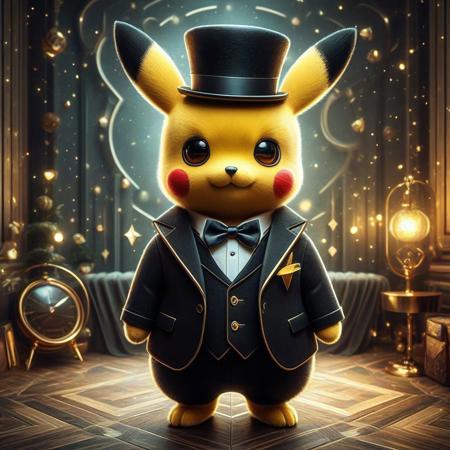 digital painting of a modern edge cute pikachu in suit and bowtie, top hat and cutting edge sunglasses,  entirely made of retro sophistication texture, whimsical and magical atmosphere, soft lighting, highly detailed and stylized, concept art for a vintage charm-themed universe