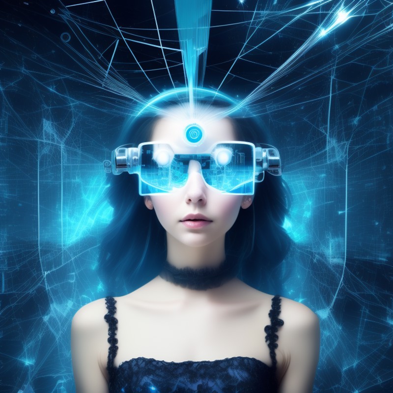A girl connected to internet through her mind, virtual glass, blue decor, superb, Alice in Diffusion land