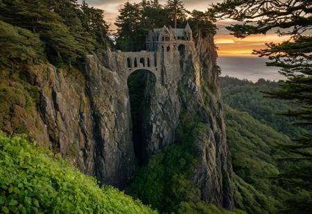 raw photo, (closeup) (wideshot) a sunset landscape, PNW coast, forested cliffs, overlooking oregon ocean across cove , cozy, photorealistic, abandoned Towering (crimson Stone: 1.49) gateway entry into dark the side of rocky mountain cliff face, (dwarven: 1.39), high fantasy style, high detailed texture, 8k uhd, dslr, soft lighting, high quality, film grain, Fujifilm XT3, Sony A7 IV, highly detailed photography, (muted colors, cinematic, dim colors, soothing tones:1.2), vibrant, insanely detailed, hyperdetailed, (dark shot:1.2), (vsco:0.3), (intricate details:0.9), (hdr, hyperdetailed:1.2) (highest coherency: 1.39) (highest quality: 1.39) (rule-of-thirds) (award-winning) (masterclass) (highest resolution: 1.39) (castle architecture built into cliff: 0.69) (protruding from hillside) (rounded doorway) (glowing elven celtic knot designs) (carved from the rock: 1.49)